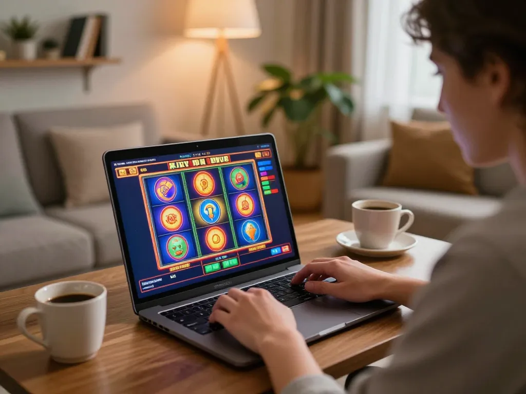 Player enjoying exciting slot games at jun88bet on laptop in cozy home setting