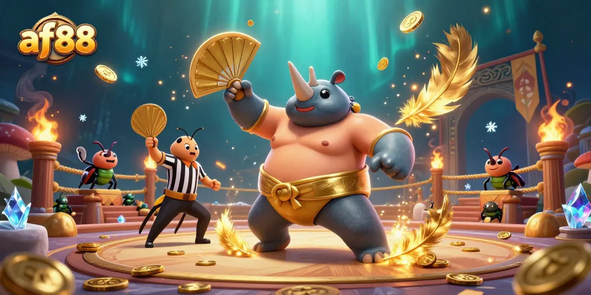 Experience thrilling gameplay with af88 while the rhinoceros beetle champion wins coins in a vibrant casino scene.