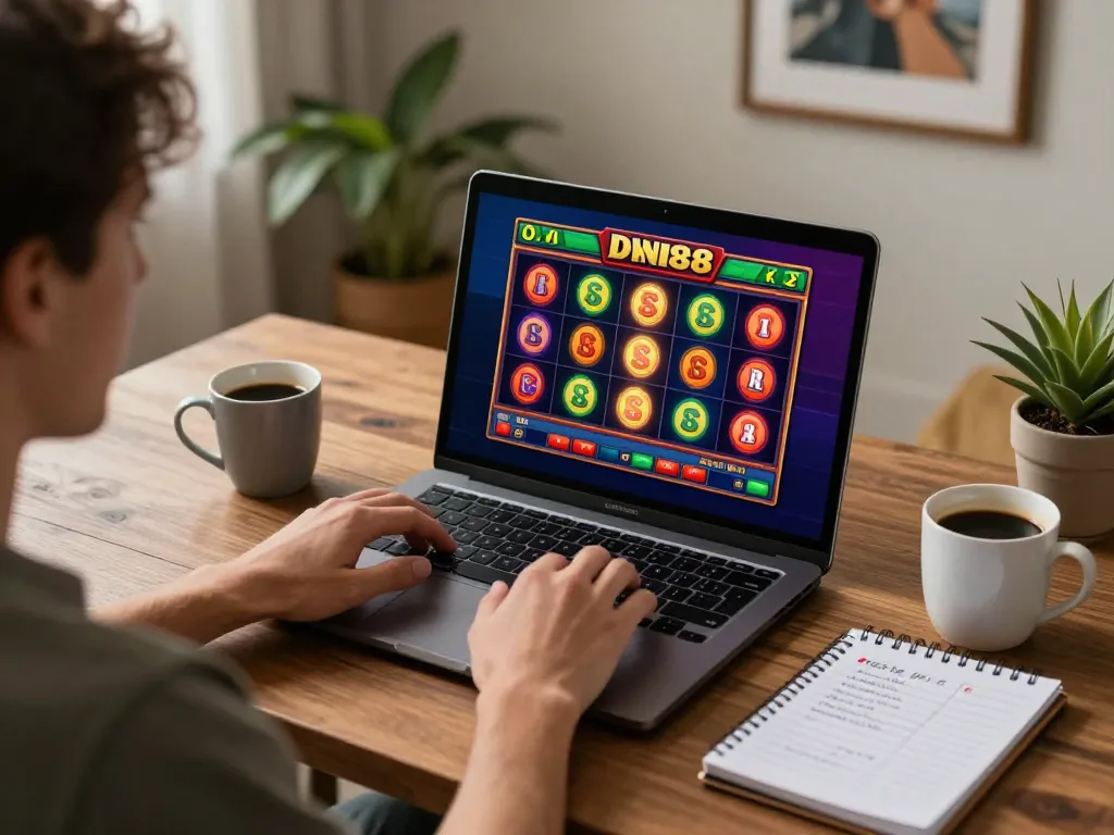 Engaging scene of a player enjoying DN88 casino games online with vibrant display and cozy ambiance.