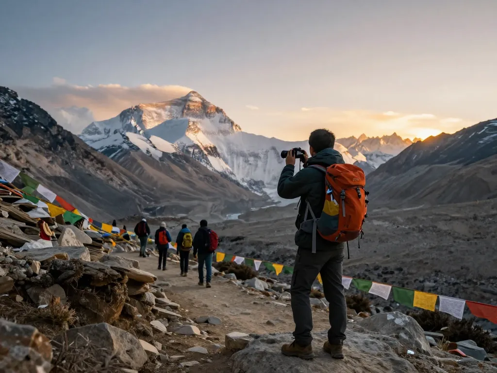 Epic Everest Base Camp Heli Trek scene with traveler at sunset overlooking majestic mountains.