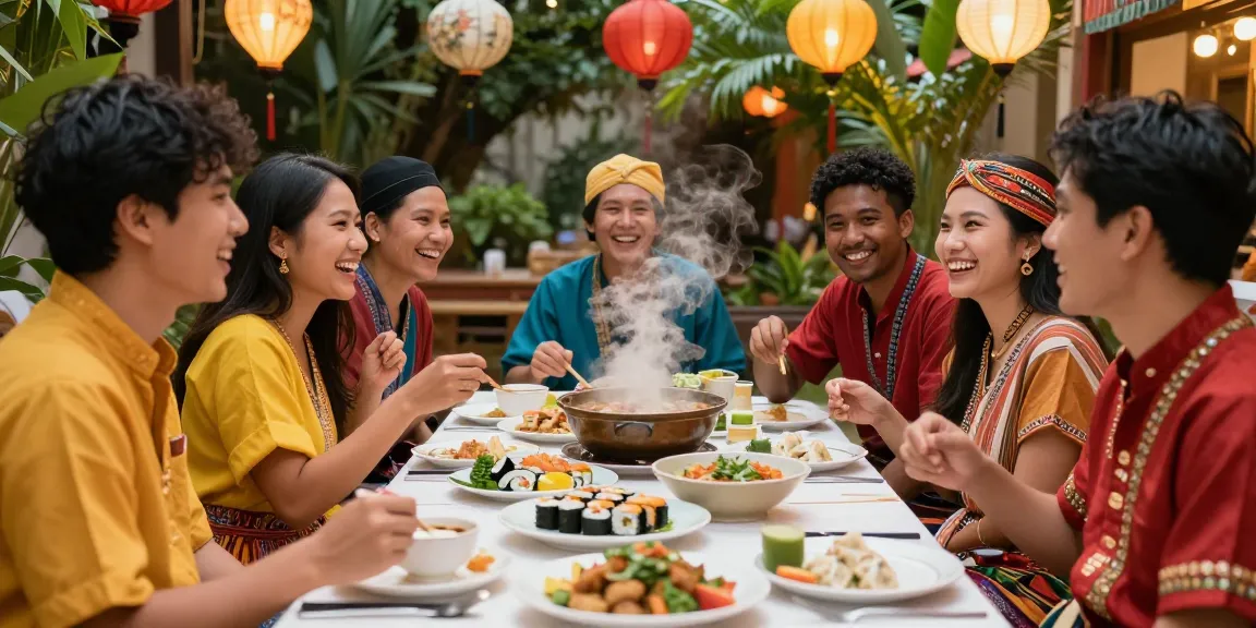Explore cultural diversity at https://hanadultalk.com with friends enjoying Asian cuisine at a vibrant festival.