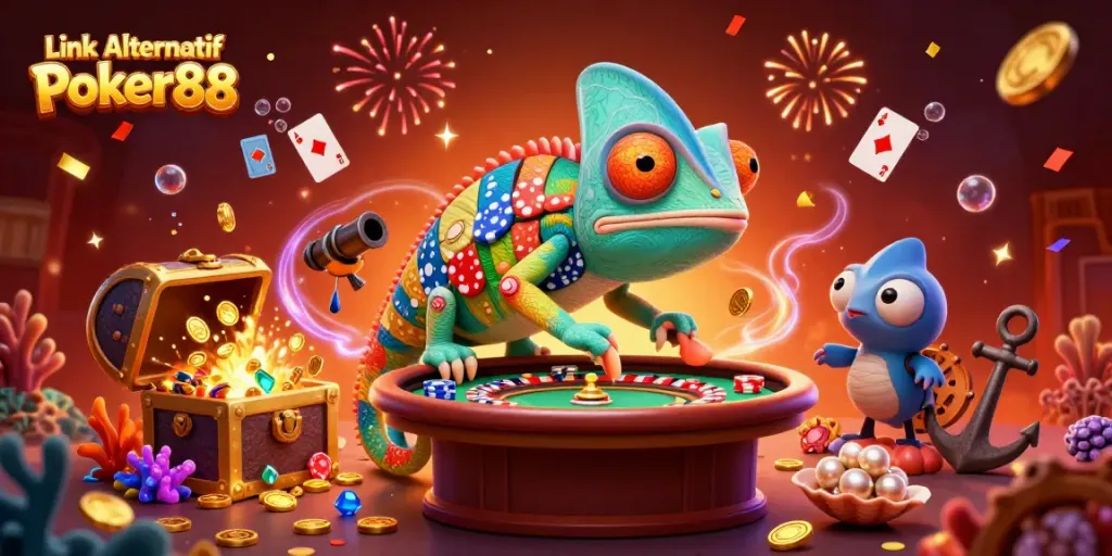 Engage with the gaming universe through the vibrant Link Alternatif Poker88 scene featuring colorful poker elements and exciting visuals.