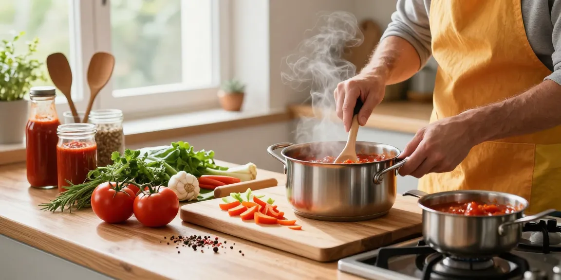 Chef, der frische Soßen in einer hellen Küche mit aromatischen Zutaten zubereitet.