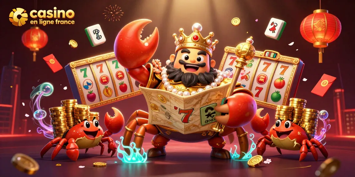 Venez jouer au casino en ligne France, un empereur crabe doré entouré de jetons dorés et d'éléments de jeux.