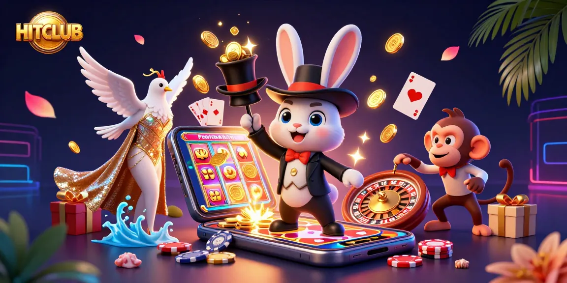 Experience the excitement at HITCLUB with a whimsical casino scene of a magician rabbit, dove, and monkey enjoying dynamic slot action.