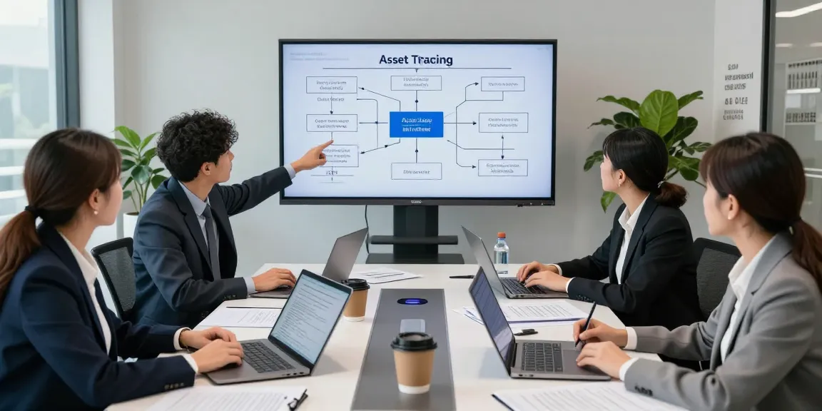 Team collaborating on asset tracing strategies in a modern office.