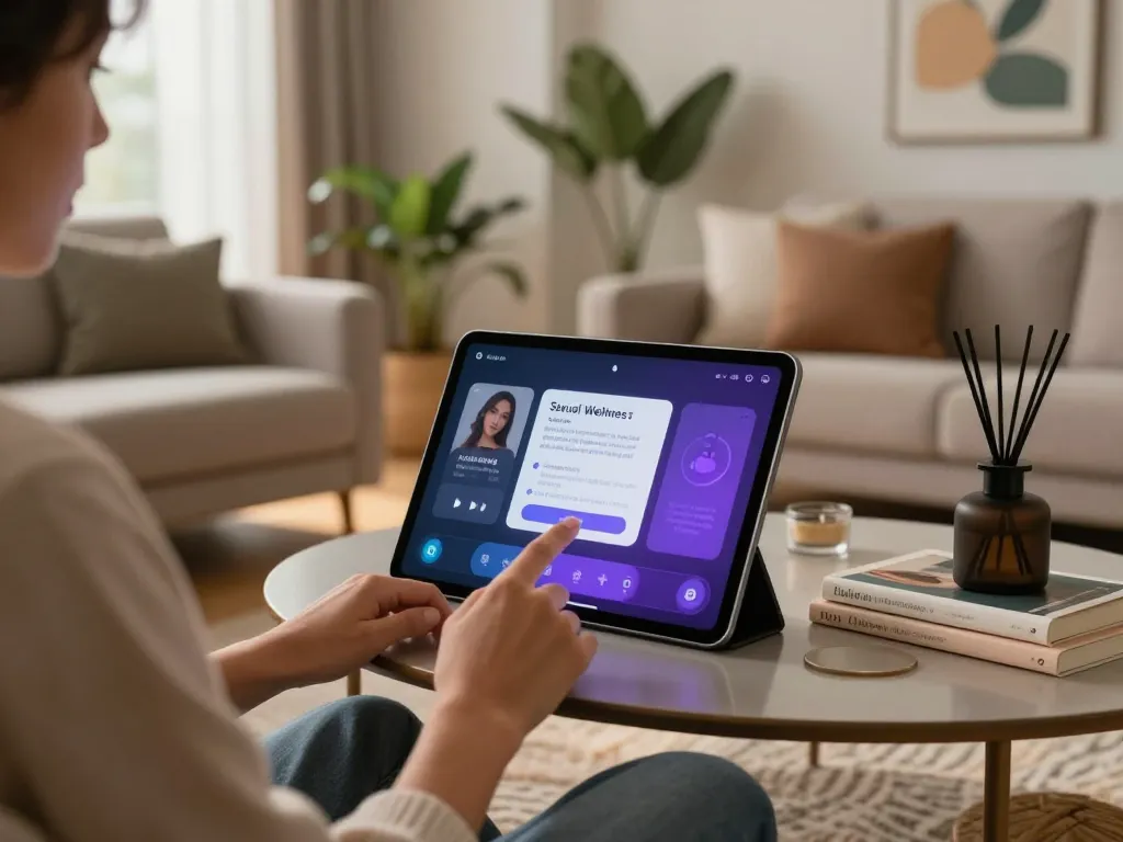 Person using an AI chatbot for intimate advice in a cozy living room, showcasing ai sex technology integration.