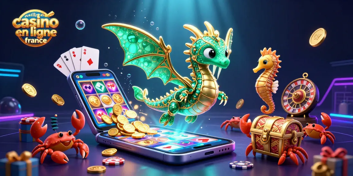 Accédez au meilleur casino en ligne France avec une illustration captivante montrant un dragon marin et des jeux d'argent.