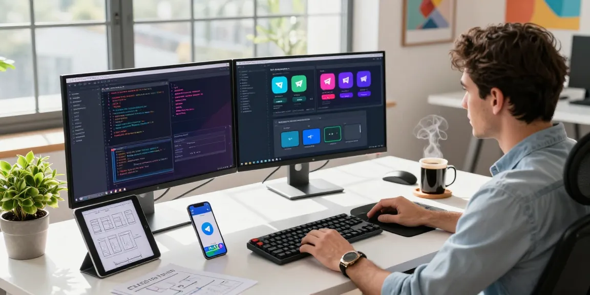 Developer at a modern desk exploring Telegram官网 features on multiple screens in a vibrant office.