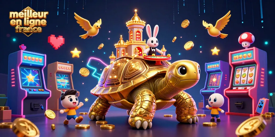 Jouer au meilleur casino en ligne France avec une illustration 3D d'une tortue dorée et un croupier.