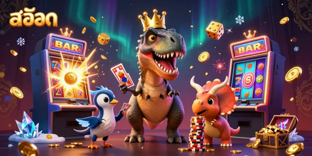 Engage with exciting สล็อต gameplay illustrated by a friendly T-Rex and colorful casino elements.