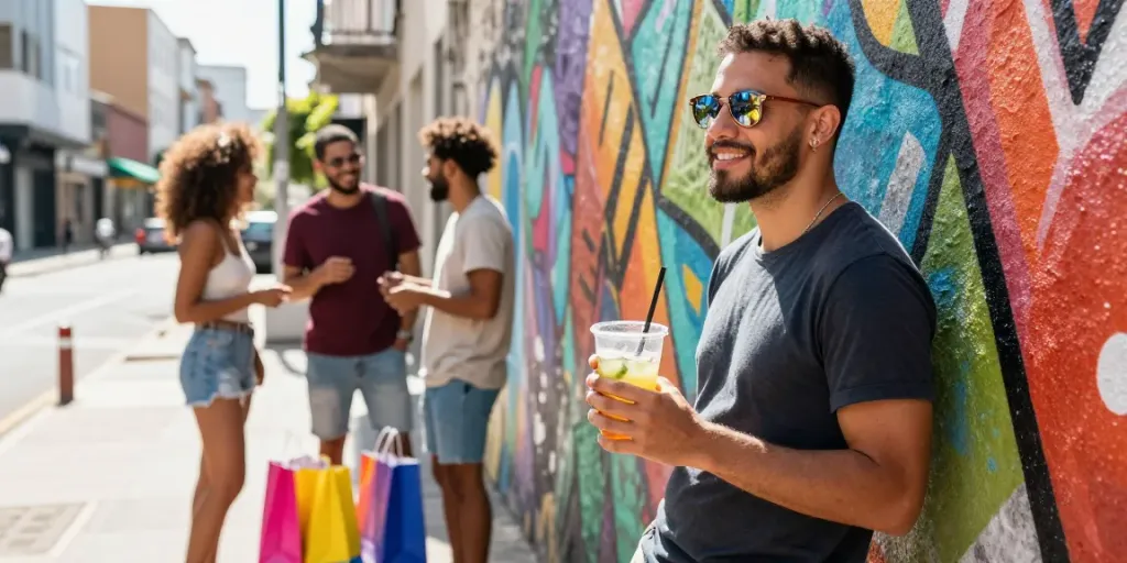 Jovem usando óculos de sol estilosos enquanto relaxa em ambiente urbano.