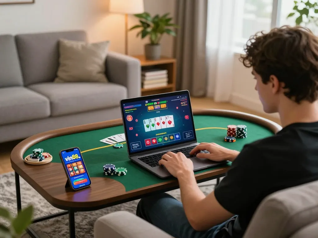 vin88 player engaging in poker on a laptop at home, showcasing exciting online gaming setup.