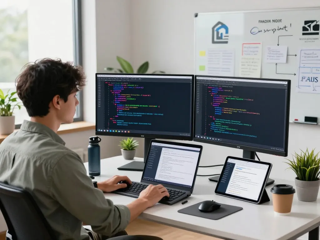 Developer showcasing IODeFi smart contract code in modern blockchain workspace filled with innovative tools.