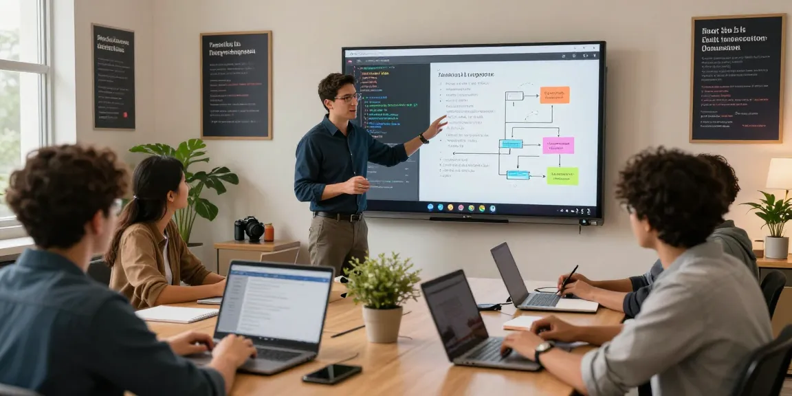 Learn React JS from scratch in an interactive online classroom with diverse students and instructor.