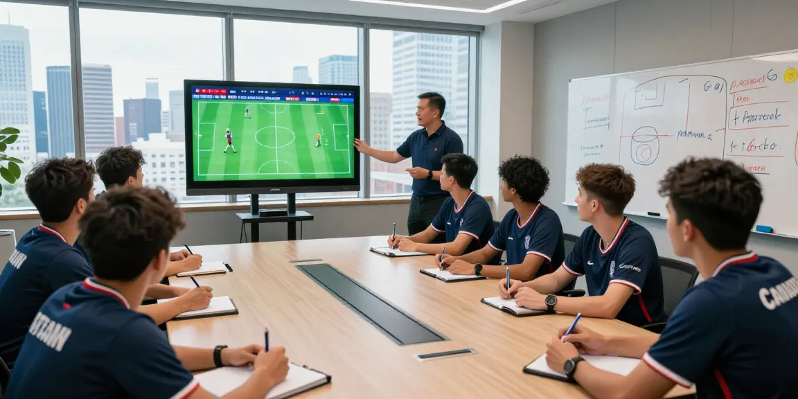 Sports professionals at https://media.upin.ac.id/ discussing injury updates and match strategies in a modern conference room.