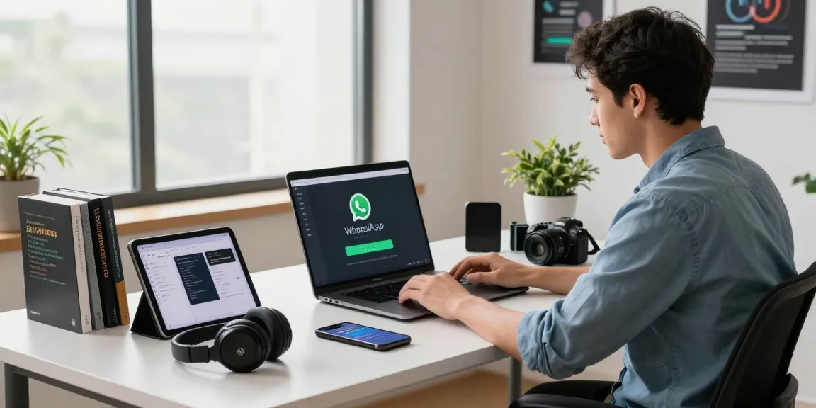 Effortlessly downloading WhatsApp下載 on a modern workspace, showcasing tech gadgets and a warm atmosphere.