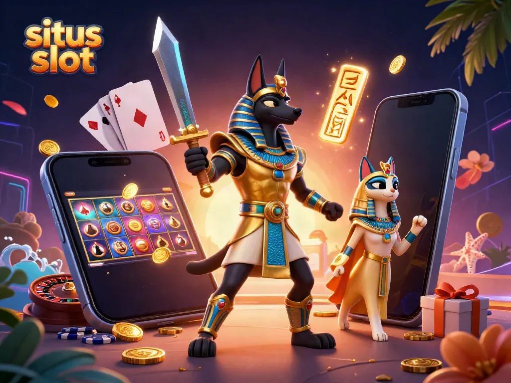 Menangkan permainan situs slot dengan karakter Anubis dan Bastet sambil dikelilingi elemen slot yang kaya.