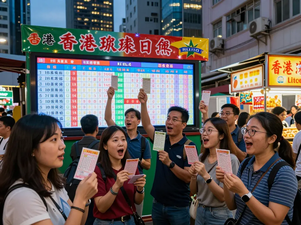 Excited group of players watching HK Lotto results in an urban setting, showcasing the vibrant lottery culture.