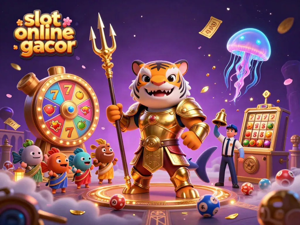 Experience the excitement of slot online gacor with a dynamic underwater colosseum scene featuring a tiger shark in gladiator armor.