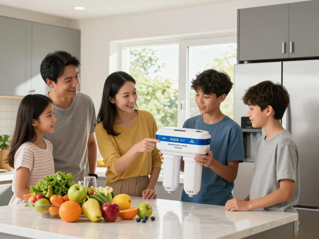 AQUA CREST WF1CB Replacement for Frigidaire® PureSource WFCB® filter showcased in a bright kitchen with family discussing its benefits.