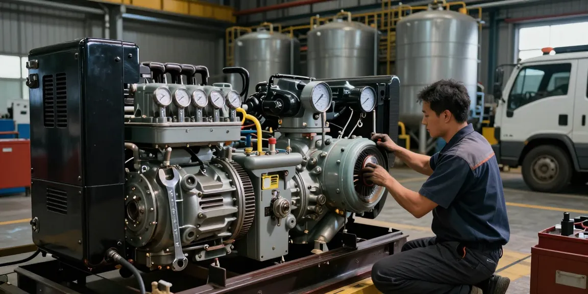 Technician maintaining a diesel genset in an industrial setting, showcasing energy efficiency.