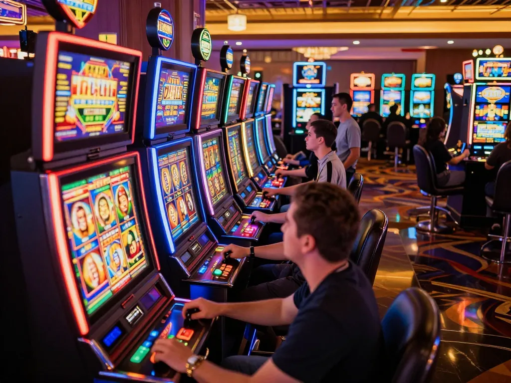 Players engaging with link slot machines in an exciting casino environment, celebrating wins
