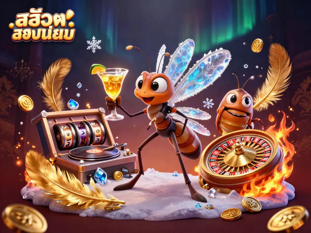 Engage with สล็อตยอดนิยม featuring a vibrant casino scene with a playful mascots and an active roulette wheel.
