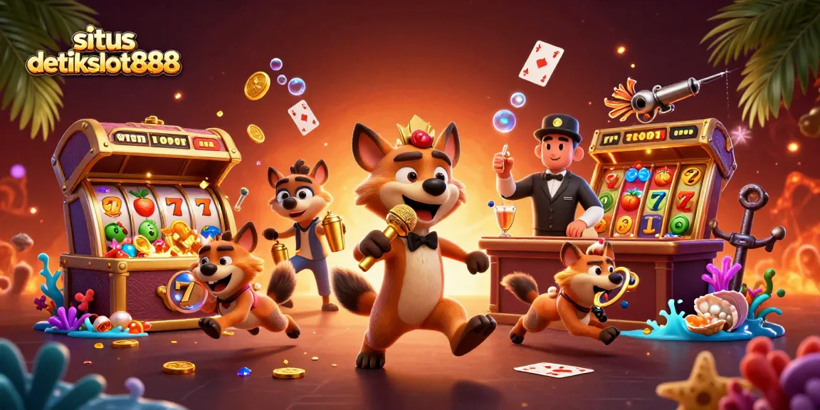 Situs detikslot888 menampilkan hyena kartun menjalankan klub kasino komedi dengan banyak elemen menarik di sekitarnya.