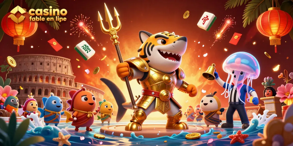 Illustration dynamique d'un casino fiable en ligne avec un requin-tigre en armure dorée et des éléments de jeu.