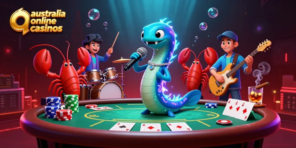 Dynamic scene of an electric eel performing in an underwater casino, showcasing australia online casinos excitement.