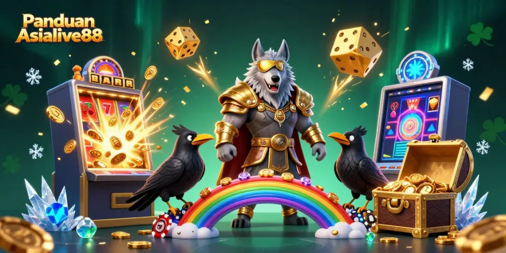 Engage with Panduan Asialive88 showcasing Odin wolf and casino elements in a vibrant 3D scene.