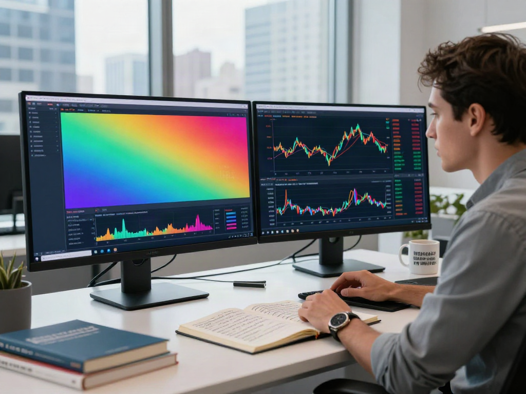 Trader analyzing market data on TradingView官网 in a modern office with dual screens and city skyline view.