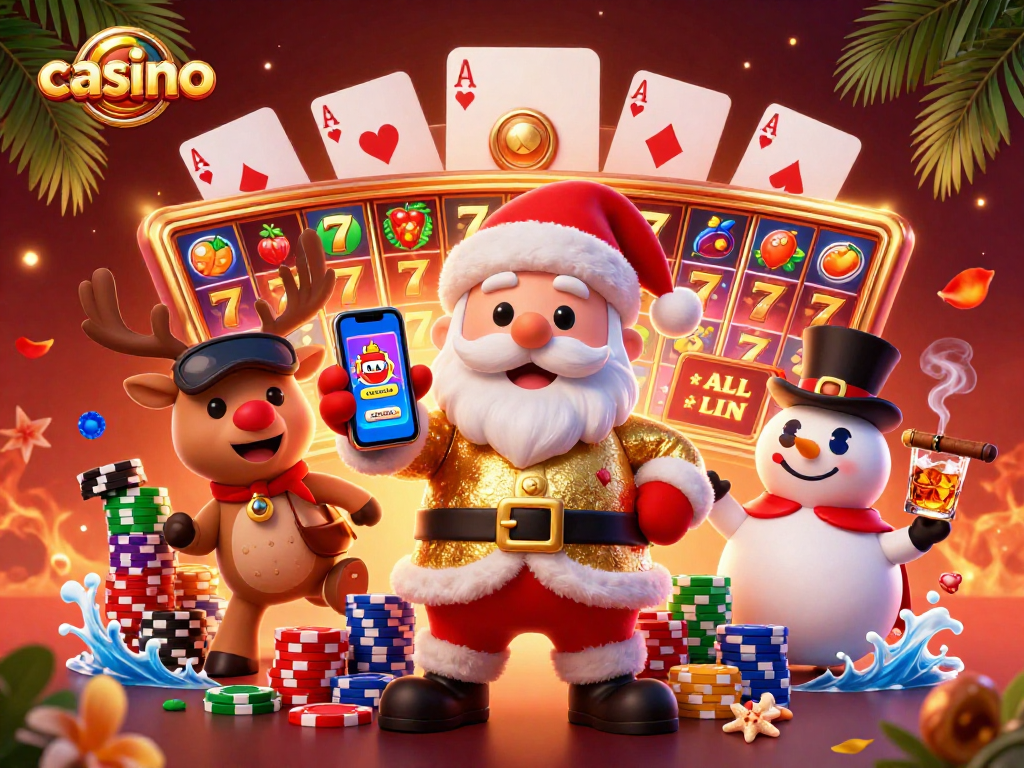 Engaging casino scene featuring Santa with jackpot slots, festive companions, and vibrant gaming elements.