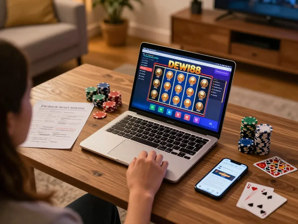 Pengalaman bermain game online yang menarik dengan slot DEWI88 ditampilkan di laptop