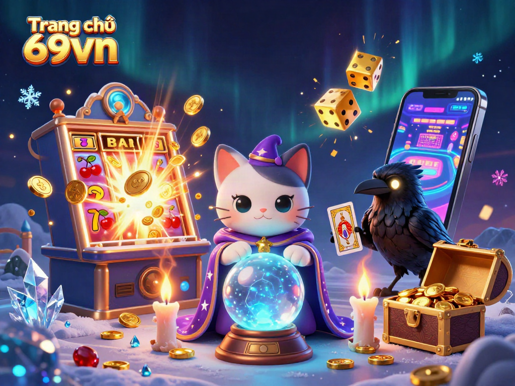 Experience exciting gaming at Trang chủ 69vn with a mystical cat, raven, and explosive jackpot scene.