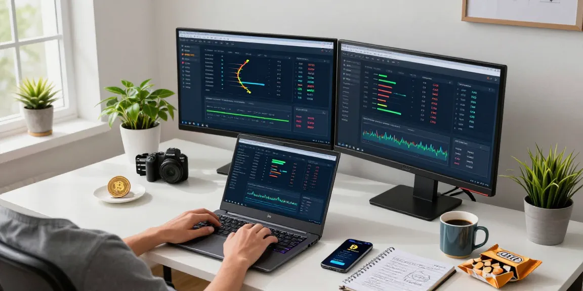 bitcoin mining workspace showing cryptocurrency stats, laptop, and wallet