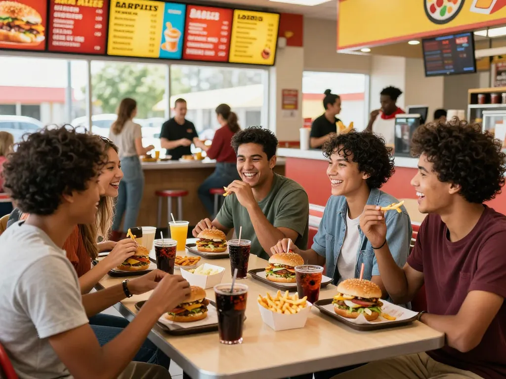 Friends enjoying fast food meals together, showcasing diverse fast food prices in a lively restaurant.