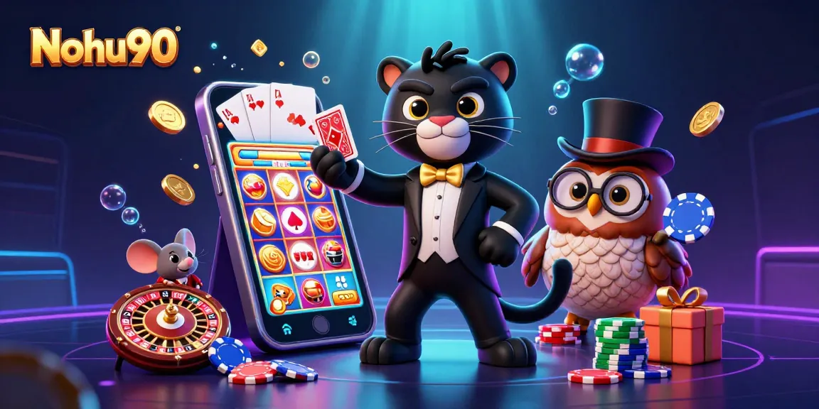 Nohu90 offers a vibrant casino experience with a stylish black panther dealing cards and playful characters.