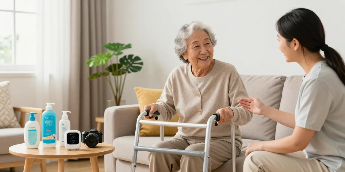 Senior using mobility aids in a cozy living room with various 長者用品 displayed, emphasizing comfort and independence.