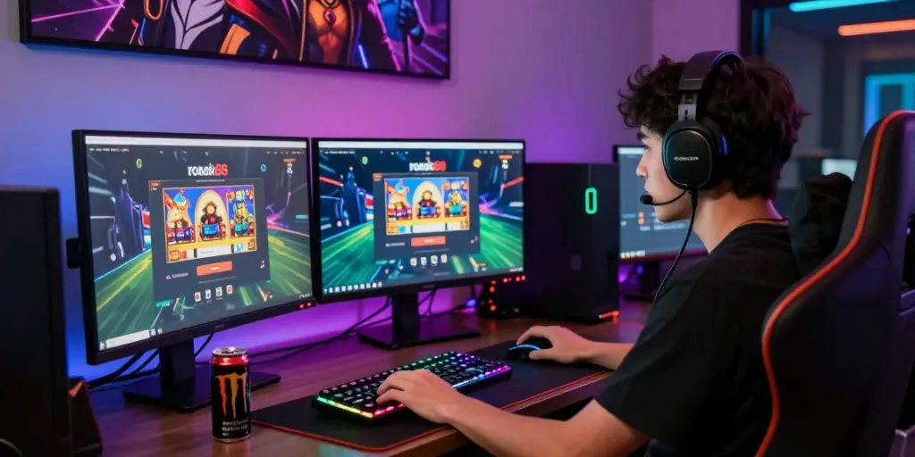 Exciting gaming setup showcasing rokok88 slot login interface with colorful LED lights and gaming accessories.