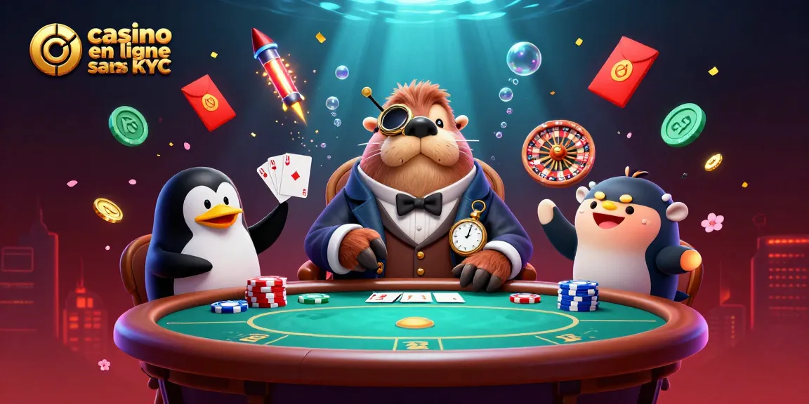 Illustration d'un casino en ligne sans KYC avec un morse jouant au poker sous l'eau.