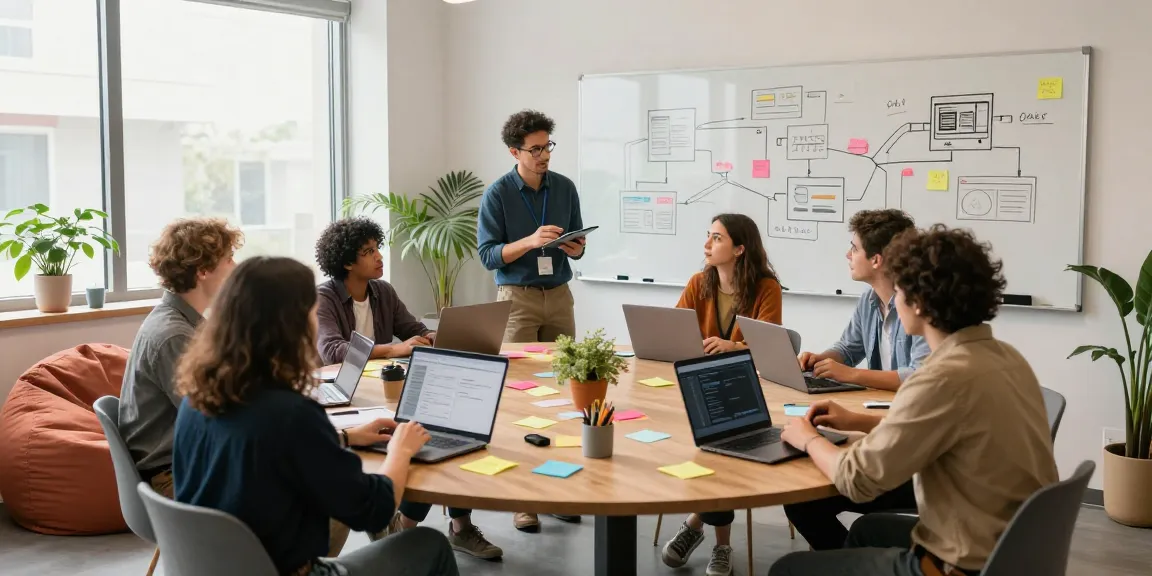 Collaborative tech workspace at migliorhosting.info showcasing a diverse team brainstorming and designing innovative software solutions.