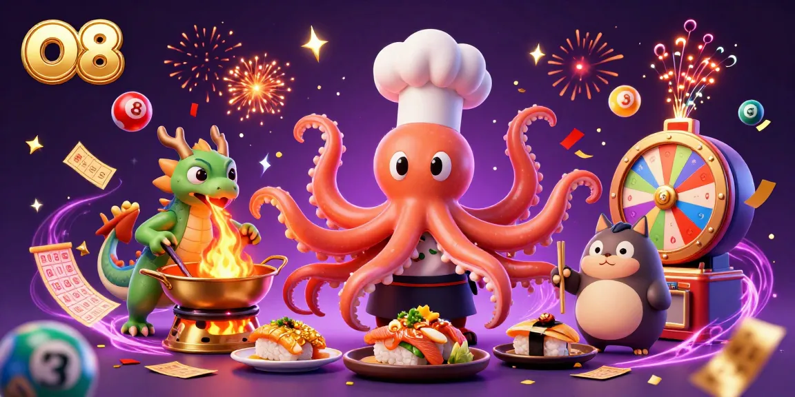 O8 engages players with vibrant, magical casino scenes showcasing an octopus chef and gaming elements.