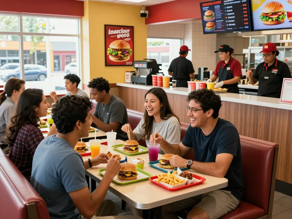 Fast food prices displayed on a digital menu board in a vibrant restaurant during a busy lunch.