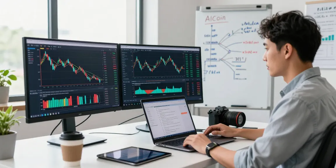 AICoin 用户在现代科技工作区分析数据，显示实时市场图表和交易策略。