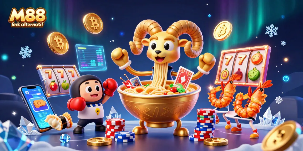 M88 link alternatif showcases a dynamic casino scene with a giant ramen bowl character and vibrant gaming elements.