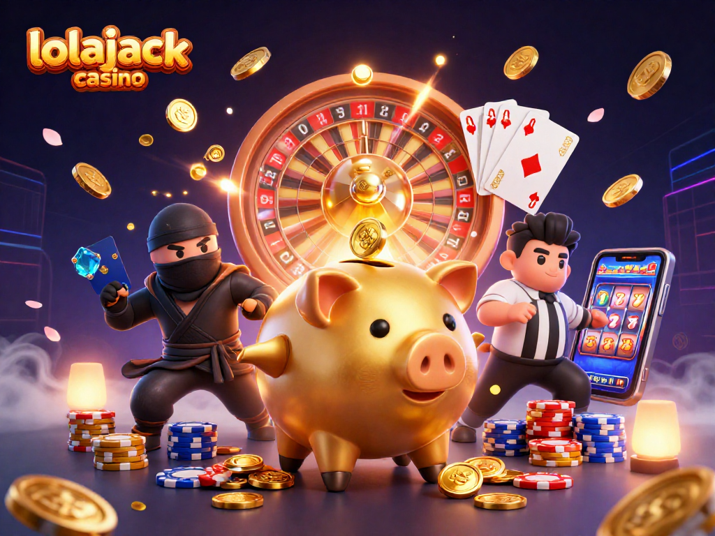 Experience thrilling action at lolajack casino with a dynamic 3D illustration featuring gaming characters and elements.