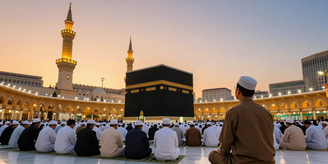 Umroh Ramadhan experience at Masjidil Haram, vibrant sunset, spiritual journey, cultural immersion, tourism.