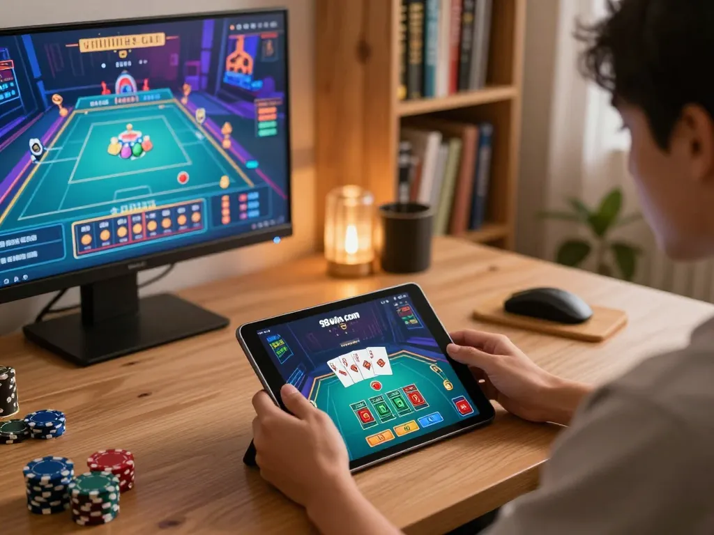 Playing casino games on the 98win com app at home, showcasing strategic gameplay.
